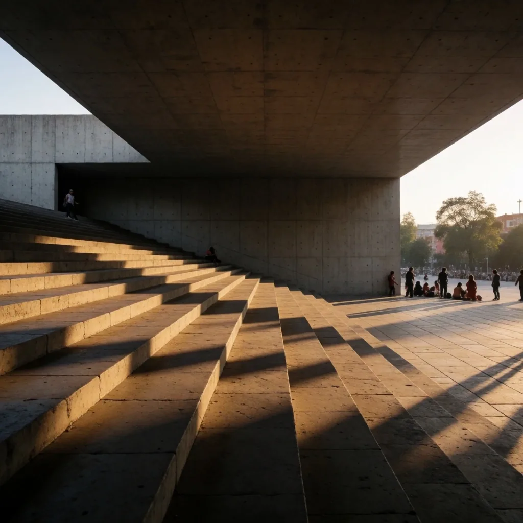 Plaza cívica con sombras dramáticas al atardecer