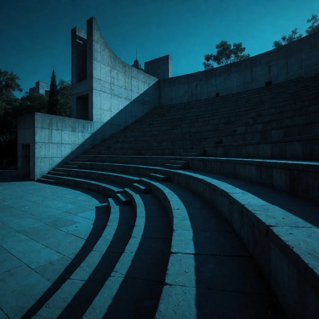 Plaza de hormigón en Ciudad de México al anochecer